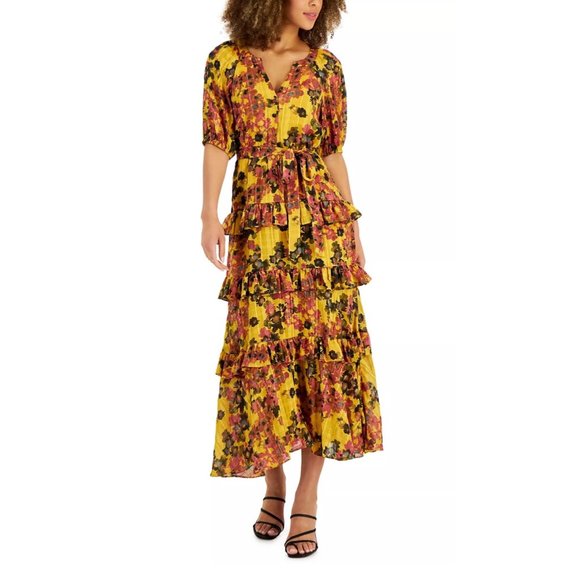 TAYLOR Plus Size Printed Tiered Maxi Chiffon Dress Margold 18W - Picture 1 of 4